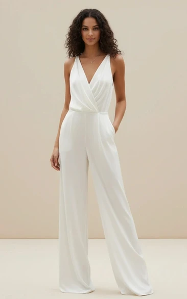 V-Neck Pleated Waist Wide Leg Wedding Jumpsuit