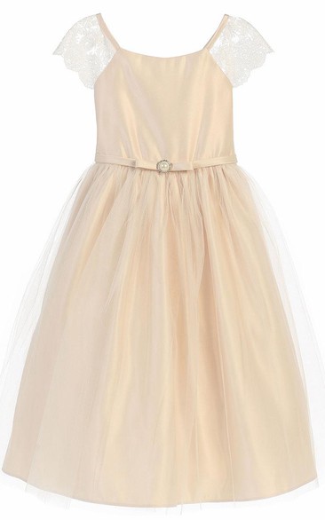 Broach Short Cap-Sleeve Beaded Tulle&Lace Flower Girl Dress