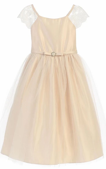 Broach Short Cap-Sleeve Beaded Tulle&Lace Flower Girl Dress