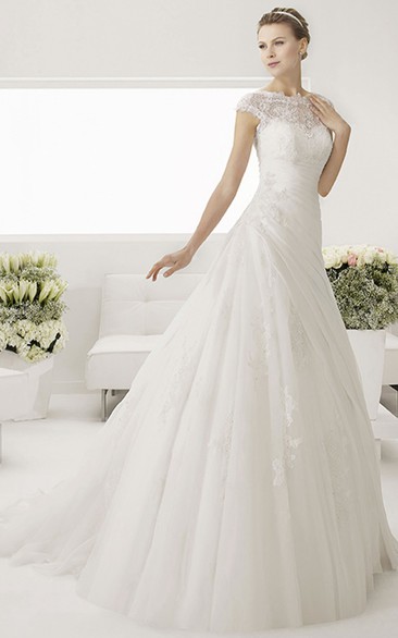 Lace Bateau Neck Cap Sleeve Tulle Bridal Gown With V Back