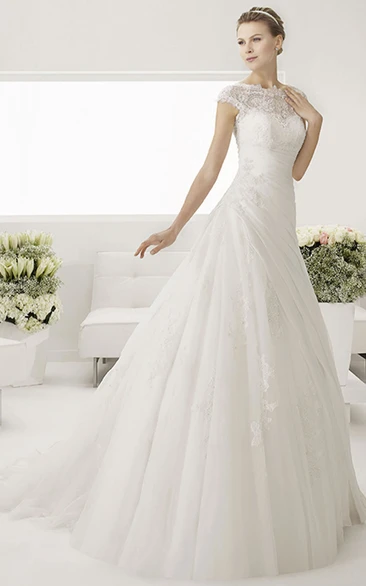 Lace Bateau Neck Cap Sleeve Tulle Bridal Gown With V Back