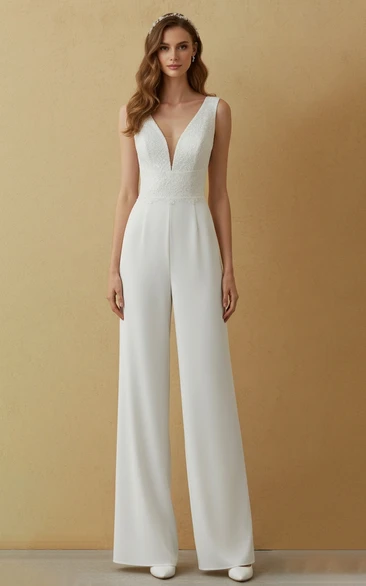 Elegant Minimalist Bridal Jumpsuit with Lace V-Neck Bodice and Crepe Wide-Leg Pants