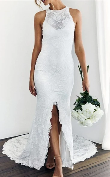 Modern Halter Lace Wedding Dress with Front Slit