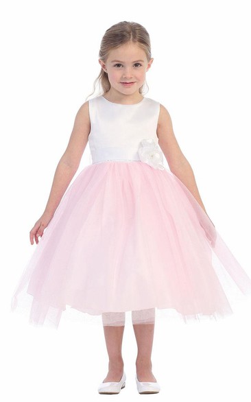 Floral Tea-Length Tiered Tulle&Satin Flower Girl Dress With Embroidery