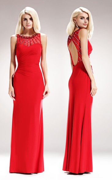 Sheath Scoop-Neck Sleeveless Jersey Keyhole Dress With Beading And Side Draping