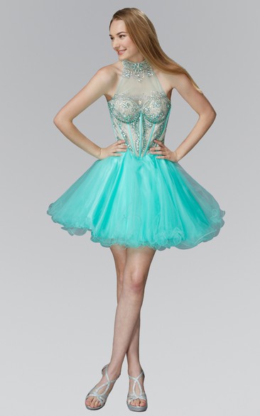 A-Line Short High Neck Sleeveless Tulle Illusion Dress With Ruffles And Beading