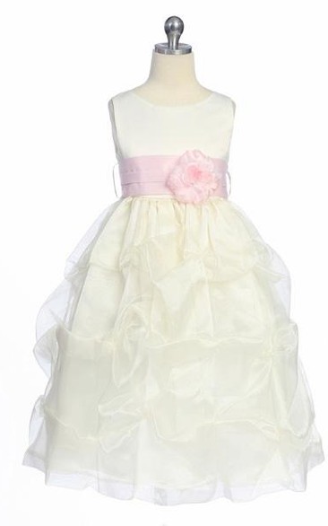 Tea-Length Ruched Organza&Satin Flower Girl Dress