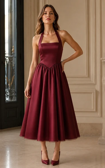 Burgundy Halter A-line Tea-length Dress