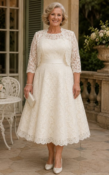 Tea Length Lace Jacket Older Brides Wedding Dress with Long Sleeve Sleeves