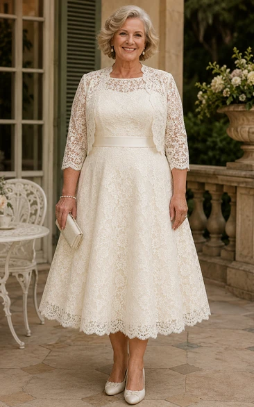 Tea Length Lace Jacket Older Brides Wedding Dress with Long Sleeve Sleeves