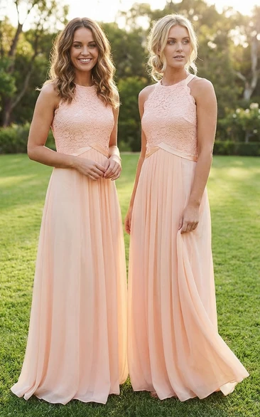 Blush Chiffon Scoop Neck Dress with Ribbon