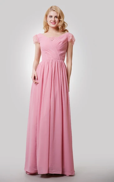 Chiffon A-Line Long Dress With V-Neck and Cap Lace Sleeves
