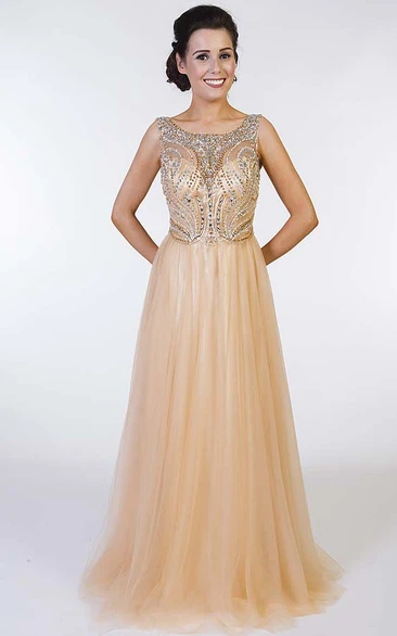 A-Line Scoop-Neck Sleeveless Floor-Length Beaded Tulle Prom Dress