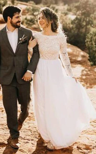 Simple Country Scoop-neck Chiffon Sheath Wedding Dress with Lace Top