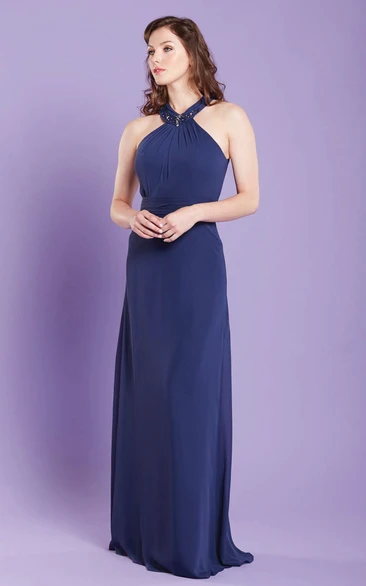 Sheath Beaded Scoop-Neck Sleeveless Long Chiffon Bridesmaid Dress