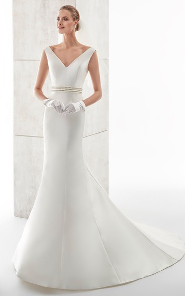 Sweetheart Brush-Train Satin Wedding Dress With Beaded Belt And Low-V Back