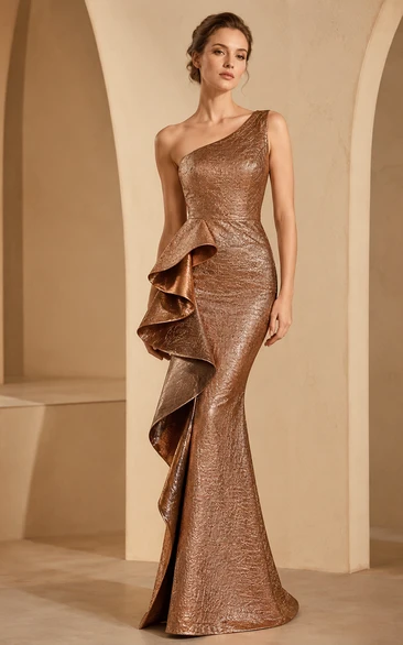 Champagnerfarbenes, einseitig schulterfreies Pailletten-Meerjungfrauenkleid mit Kaskadenrüschen