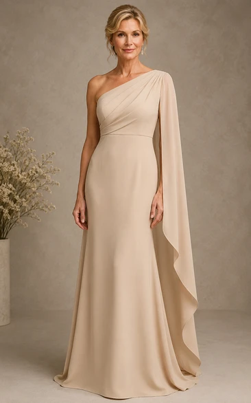 Champagne One-Shoulder Cape Sleeve Formal Dress