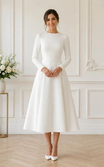 White Long Sleeve High Neck Satin Tea-length Wedding Dress