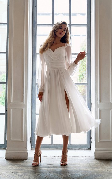 Flowy Chiffon Illusion Long Sleeve Front Split Short Wedding Dress