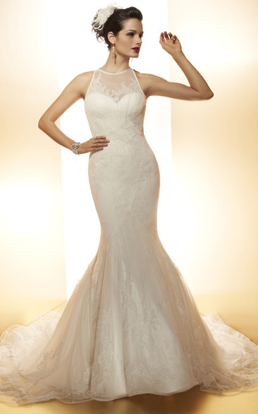 Trumpet Sleeveless Long High Neck Appliqued Lace Wedding Dress With Court Train And Illusion Back