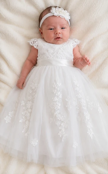 Baby Christening Gown Modest A-Line Cap Sleeve Tulle Lace Tea-Length with Bow Sash in White