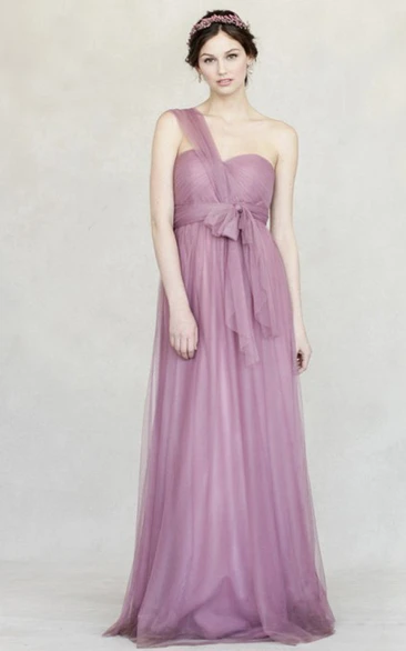 One-Shoulder Bowed Sleeveless Empire Tulle Bridesmaid Dress With Straps