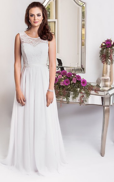 Sheath Scoop-Neck Sleeveless Floor-Length Jeweled Chiffon Plus Size Wedding Dress With Appliques And Corset Back