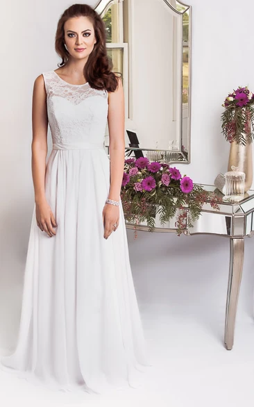 Sheath Scoop-Neck Sleeveless Floor-Length Jeweled Chiffon Plus Size Wedding Dress With Appliques And Corset Back