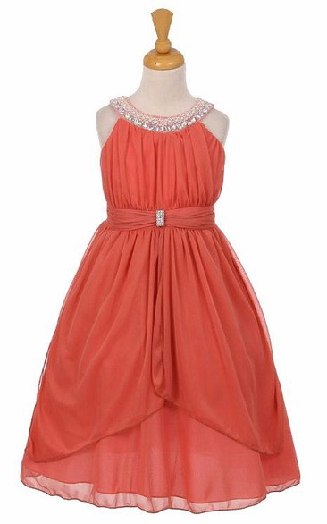 Tea-Length Peplum Tiered Pleated Chiffon&Tulle Flower Girl Dress With Ribbon
