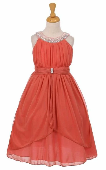 Tea-Length Peplum Tiered Pleated Chiffon&Tulle Flower Girl Dress With Ribbon