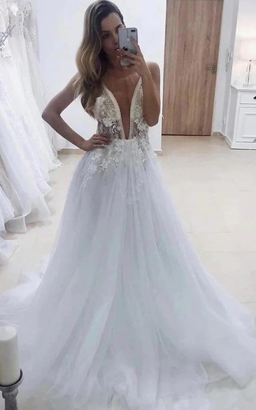 Plunged A-line Tulle Sexy V-neck Elegant Low-v Back Wedding Dress