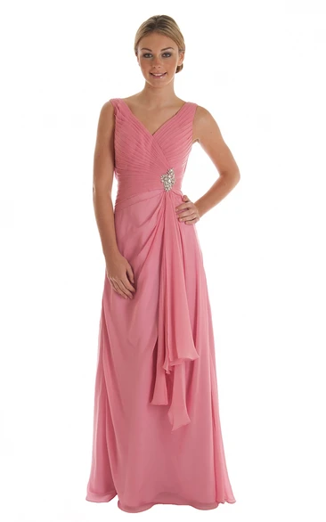 Floor-Length Sleeveless V-Neck Draped Chiffon Bridesmaid Dress