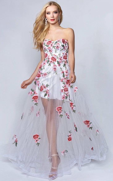 A-Line Strapless Sleeveless Tulle Backless Dress With Appliques And Flower