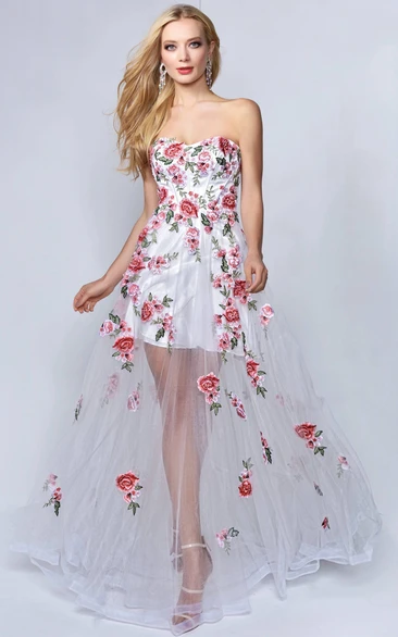 A-Line Strapless Sleeveless Tulle Backless Dress With Appliques And Flower