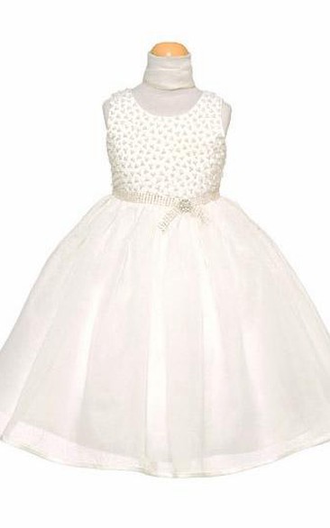 Tea-Length Beaded Cap-Sleeve Organza&Satin Flower Girl Dress With Cape