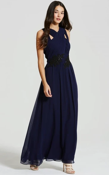 Ankle-Length Appliqued Strapped Sleeveless Chiffon Bridesmaid Dress