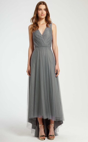 High-Low Ruched Strapless Tulle Bridesmaid Dress With Brush Train