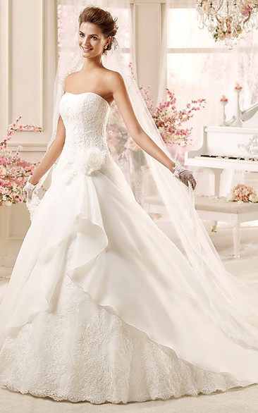 Strapless A-line Wedding Dress with Flowers and Asymmetrical Ruching