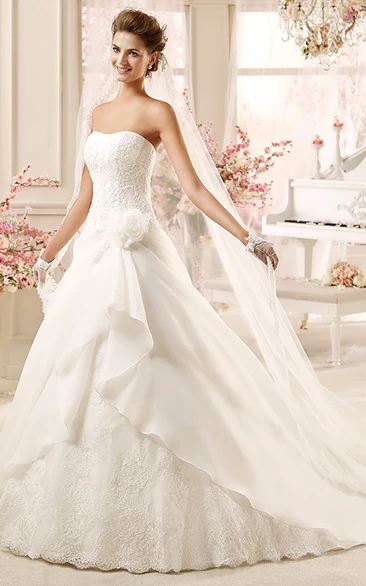 Strapless A-line Wedding Dress with Flowers and Asymmetrical Ruching