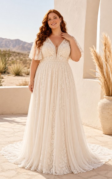 Plus Size Brautkleid in A-Linie mit V-Ausschnitt, kurzen Ärmeln und Schlüssellochausschnitt am Rücken
