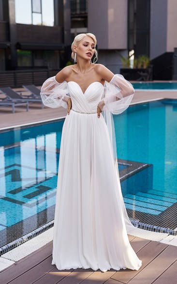 Chiffon Sweetheart Criss-cross Ruched Empire Wedding Dress with Beaded Waist