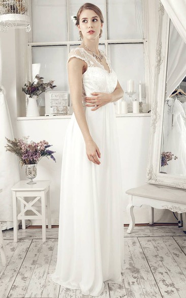 Sheath Cap-Sleeve Floor-Length V-Neck Chiffon Wedding Dress With Embroidery And Deep-V Back
