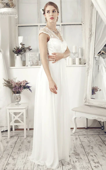 Sheath Cap-Sleeve Floor-Length V-Neck Chiffon Wedding Dress With Embroidery And Deep-V Back