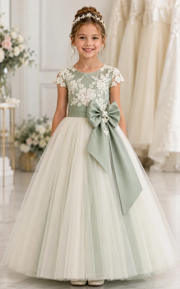 Sage A-Line Lace Flower Girl Dress with Bow Sash