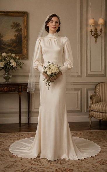 Vintage High Neck Satin Poet Sleeve Wedding Dress