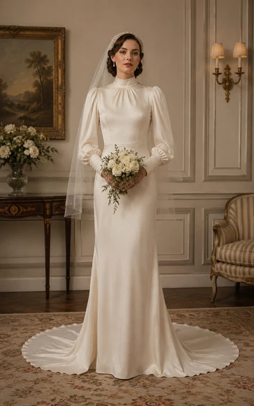 Vintage High Neck Satin Poet Sleeve Wedding Dress