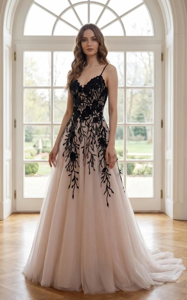 Black and Blush Applique Tulle Prom Dress with Spaghetti Straps and A-Line Skirt