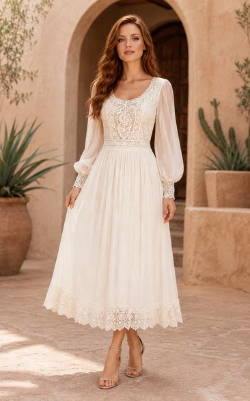 Long Sleeve Tea-Length Lace Wedding Dress with Scoop Neck and Soft Skirt