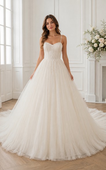 Spaghetti Strap Tulle Ball Gown Wedding Dress with Lace Bodice and Chapel Train